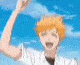 a blurry picture of a person with orange hair and a white shirt