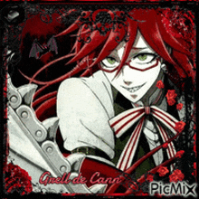 a picture of a red haired anime character with glasses and a bow tie