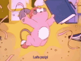 a pink cartoon character is holding a book and saying `` let 's party ! ''