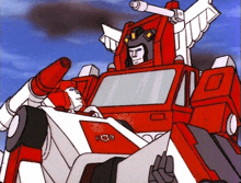 a cartoon drawing of a red and white robot with a gun