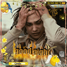 a picture of a man with his hands on his head and the words good night on it