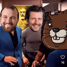 a group of men are posing for a picture with a cartoon beaver head