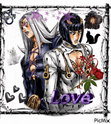 a couple of anime characters standing next to each other with the word love written in purple