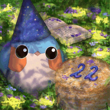 a painting of a bird wearing a wizard hat and a cake with the numbers 22 on it