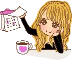 a pixel art drawing of a girl holding a piece of paper next to a cup of coffee .