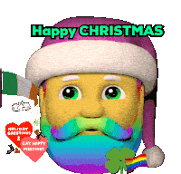 a cartoon santa with a rainbow colored beard and mustache wishes you a happy christmas