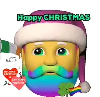 a cartoon santa with a rainbow colored beard and mustache wishes you a happy christmas