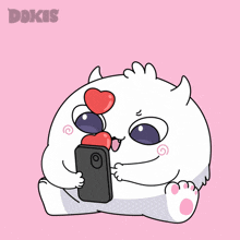 a cartoon of a cat with hearts in its eyes looking at a phone