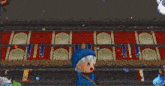 a cartoon character in a blue dress is standing in front of a crowd