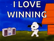 a cartoon of snoopy dancing in front of a boombox that says " i love winning "