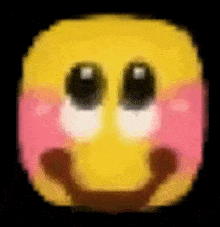 a pixel art of a yellow smiley face with pink cheeks and big eyes .