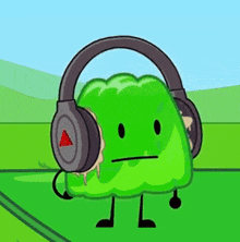 a green cartoon character is wearing headphones and has a sad face