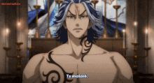 a shirtless anime character with a tattoo on his chest says te mataré