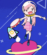a girl in a space suit is holding a tambourine