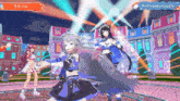 three anime girls are dancing in front of a sign that says #hpmeetsholoen on it