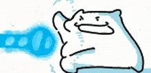 a cartoon drawing of a cat holding a blue object in its mouth .