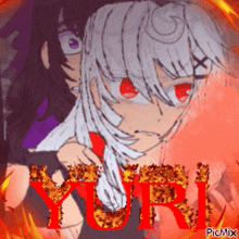 a drawing of a girl with red eyes and the word yuri