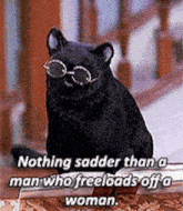 a black cat wearing glasses is sitting on a staircase with a quote .