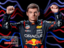 a man in a red bull racing uniform holds his fist up