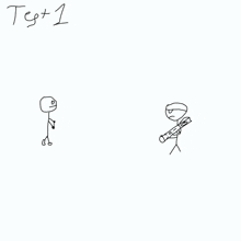 a drawing of two stick figures standing next to each other with one holding a cannon