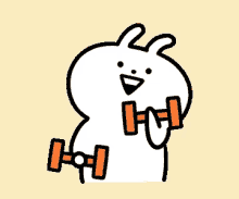 a cartoon rabbit is holding two orange dumbbells in its hands