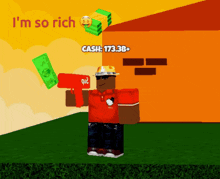 a man in a red shirt is holding a gun and says i 'm so rich on the top