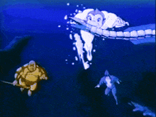 a group of cartoon characters are swimming in the water including a monkey and a turtle