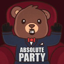 a teddy bear wearing a suit and bow tie is sitting in a chair with the words absolute party written on the bottom