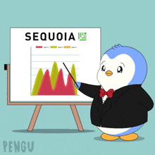a penguin in a suit is standing in front of a white board with sequoia written on it