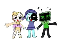 a drawing of three cartoon characters standing next to each other on a white background