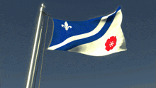 a blue and white flag with a red flower on the bottom