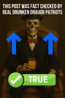 a skeleton is sitting in a chair holding a glass of orange juice and a true button