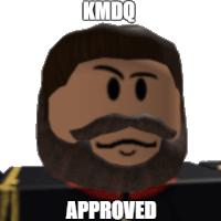 a man with a beard and mustache has kmdq approved written above his head