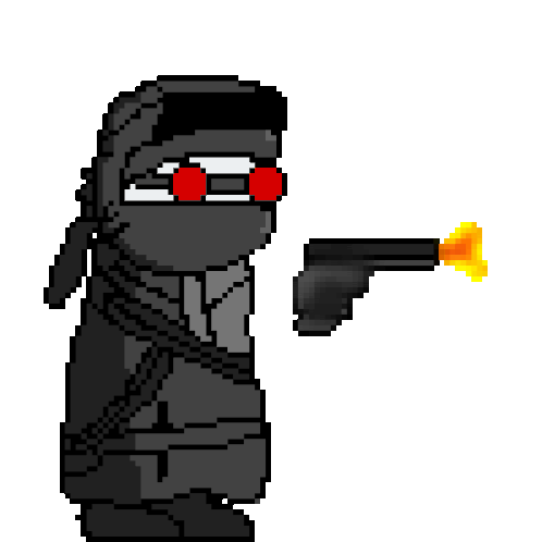 a pixel art of a person holding a gun with a fire coming out of it .