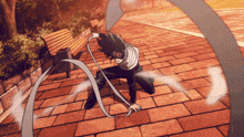 a man is kneeling down on a brick sidewalk and holding a ribbon