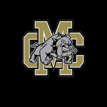 a black and gold logo with a bulldog and the letter m on it
