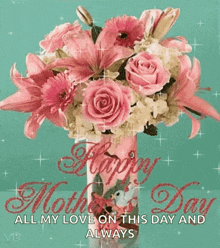 a happy mother 's day card with a vase of pink flowers