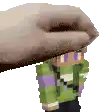 a hand is holding a minecraft character 's head .