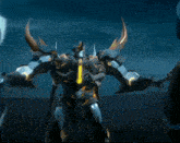 a robot with horns and a sword stands in the dark
