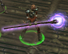 a video game character holding a purple stick