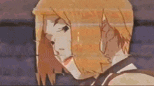 a close up of a person 's face in a cartoon with a blurred background .
