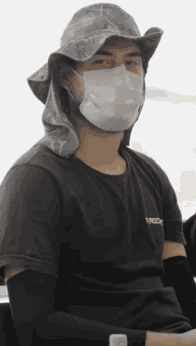 a man wearing a face mask and a hat with a hood