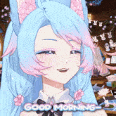 a cartoon girl with blue and pink hair and flowers in her hair says good morning