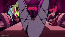 a group of cartoon characters are standing next to each other in a dark room .
