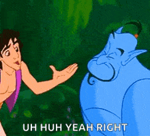 aladdin and genie are talking to each other in a cartoon .