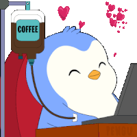 a penguin is sitting at a desk with a bag of coffee attached to his head