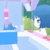 a girl with blue hair is playing a video game and looking out a window .