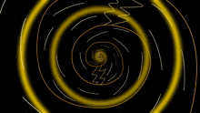 a yellow swirl on a black background with a lightning bolt in the center