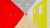 a man in a red shirt is standing in a hallway with red and yellow lockers