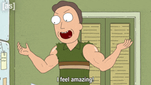 a cartoon character says " i feel amazing " in front of a door